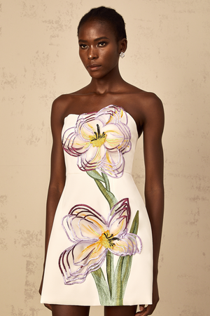Aurohaya Irène White Off-Shoulder Sequin Floral Embroidered Mini Dress
