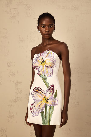Aurohaya Irène White Off-Shoulder Sequin Floral Embroidered Mini Dress