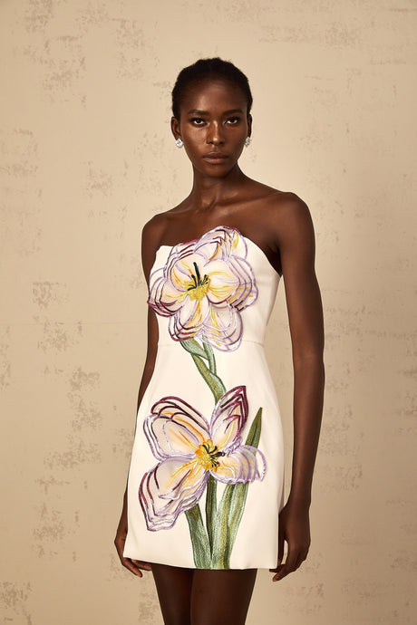 Aurohaya Irène White Off-Shoulder Sequin Floral Embroidered Mini Dress