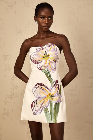 Aurohaya Irène White Off-Shoulder Sequin Floral Embroidered Mini Dress