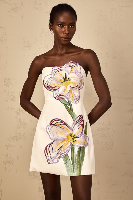 Aurohaya Irène White Off-Shoulder Sequin Floral Embroidered Mini Dress