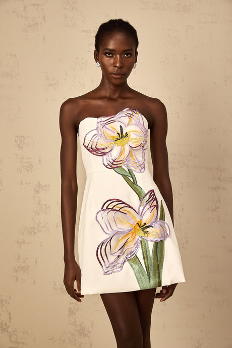 Aurohaya Irène White Off-Shoulder Sequin Floral Embroidered Mini Dress