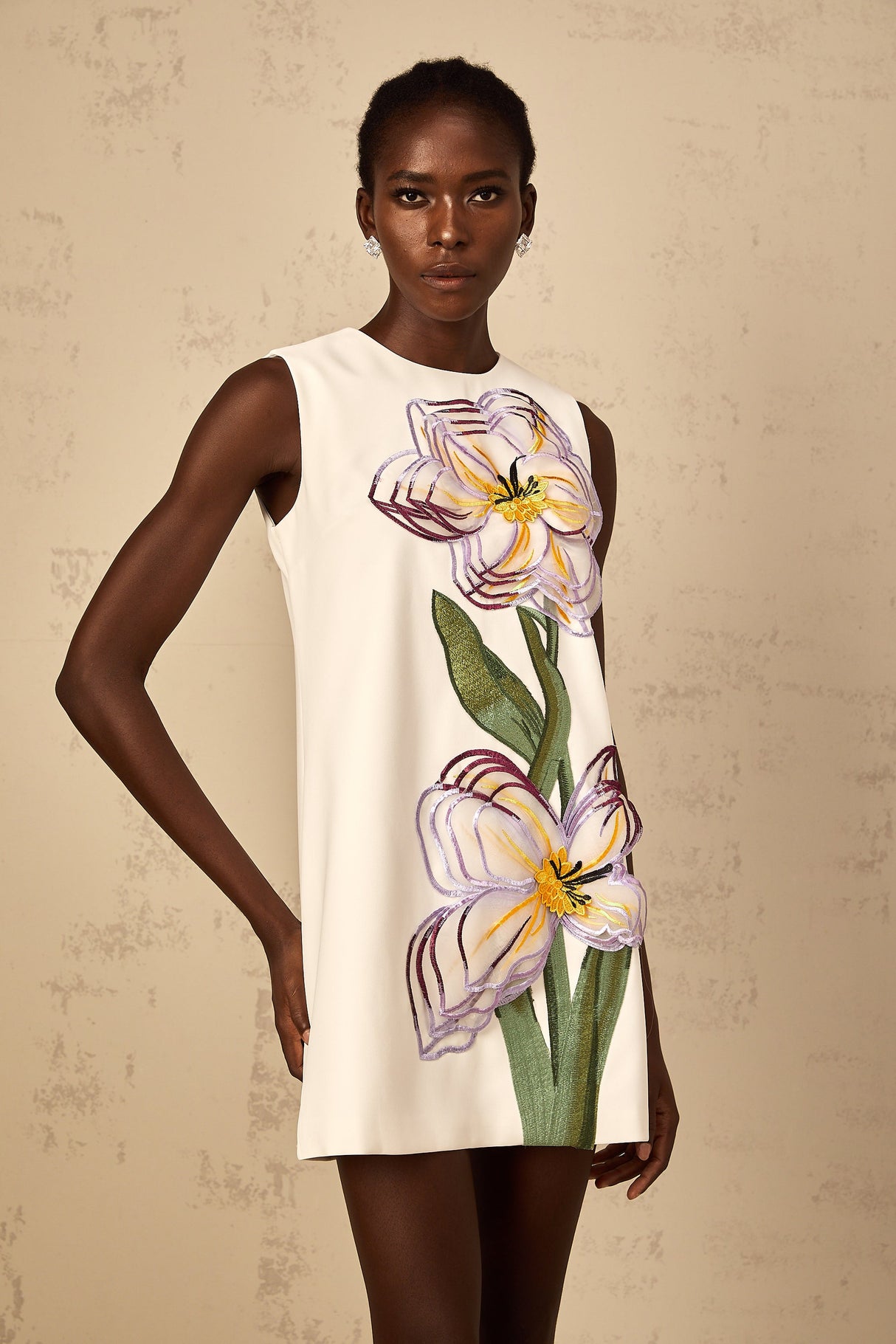 Aurohaya Irène White Sequin Floral Embroidered Mini Dress