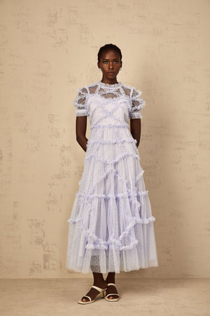 Aurohaya Annabelle Blue Polka Dot Ruffled Tulle Maxi Dress