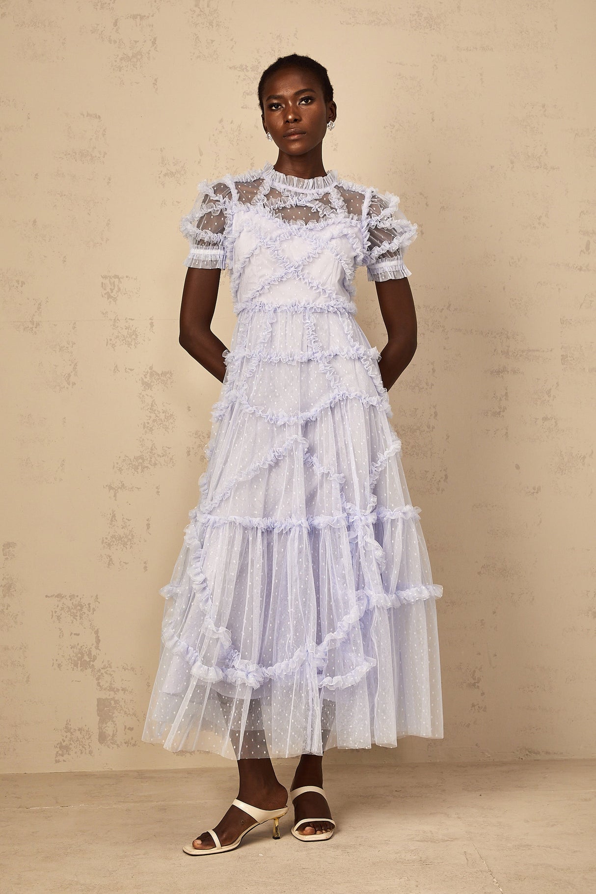 Aurohaya Annabelle Blue Polka Dot Ruffled Tulle Maxi Dress