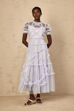 Aurohaya Annabelle Blue Polka Dot Ruffled Tulle Maxi Dress
