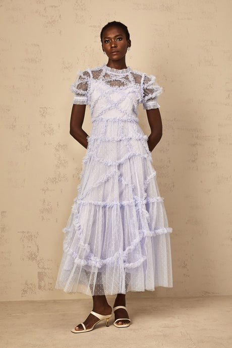 Aurohaya Annabelle Blue Polka Dot Ruffled Tulle Maxi Dress