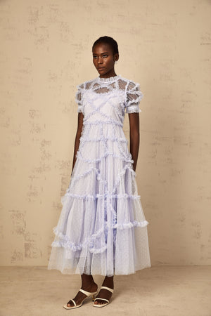 Aurohaya Annabelle Blue Polka Dot Ruffled Tulle Maxi Dress
