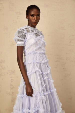 Aurohaya Annabelle Blue Polka Dot Ruffled Tulle Maxi Dress