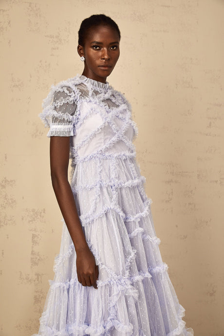 Aurohaya Annabelle Blue Polka Dot Ruffled Tulle Maxi Dress