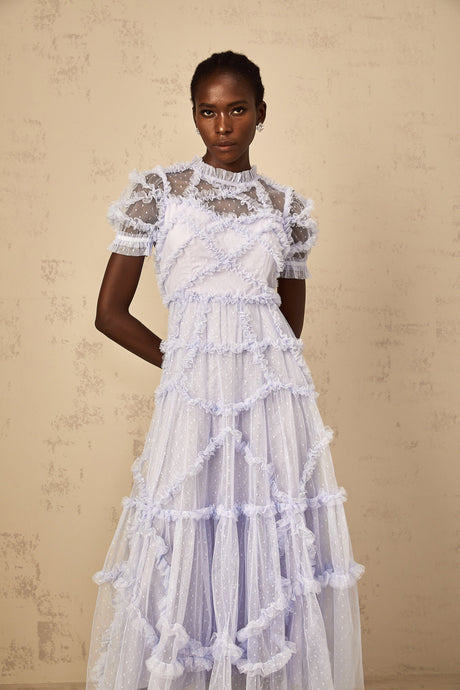 Aurohaya Annabelle Blue Polka Dot Ruffled Tulle Maxi Dress
