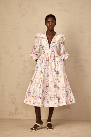 Aurohaya Géraldine White V-Neck Floral Print Midi Dress