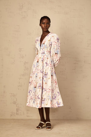 Aurohaya Géraldine White V-Neck Floral Print Midi Dress