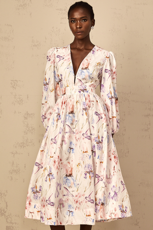 Aurohaya Géraldine White V-Neck Floral Print Midi Dress