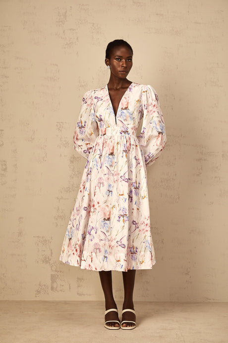 Aurohaya Géraldine White V-Neck Floral Print Midi Dress