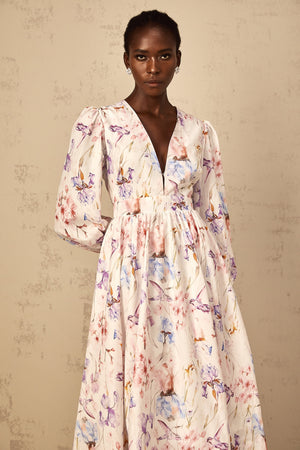 Aurohaya Géraldine White V-Neck Floral Print Midi Dress