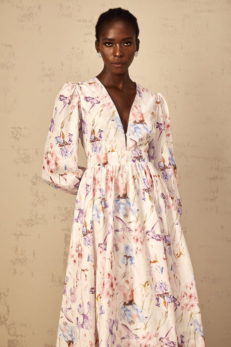 Aurohaya Géraldine White V-Neck Floral Print Midi Dress