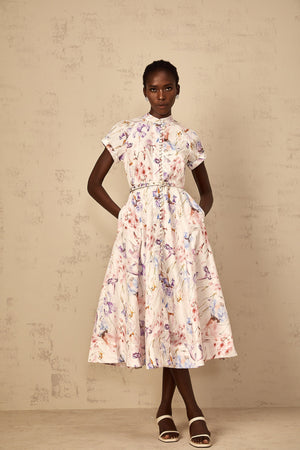 Aurohaya Géraldine White Mock-Neck Floral Print Midi Dress