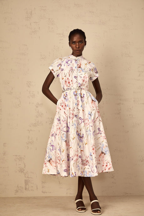 Aurohaya Géraldine White Mock-Neck Floral Print Midi Dress
