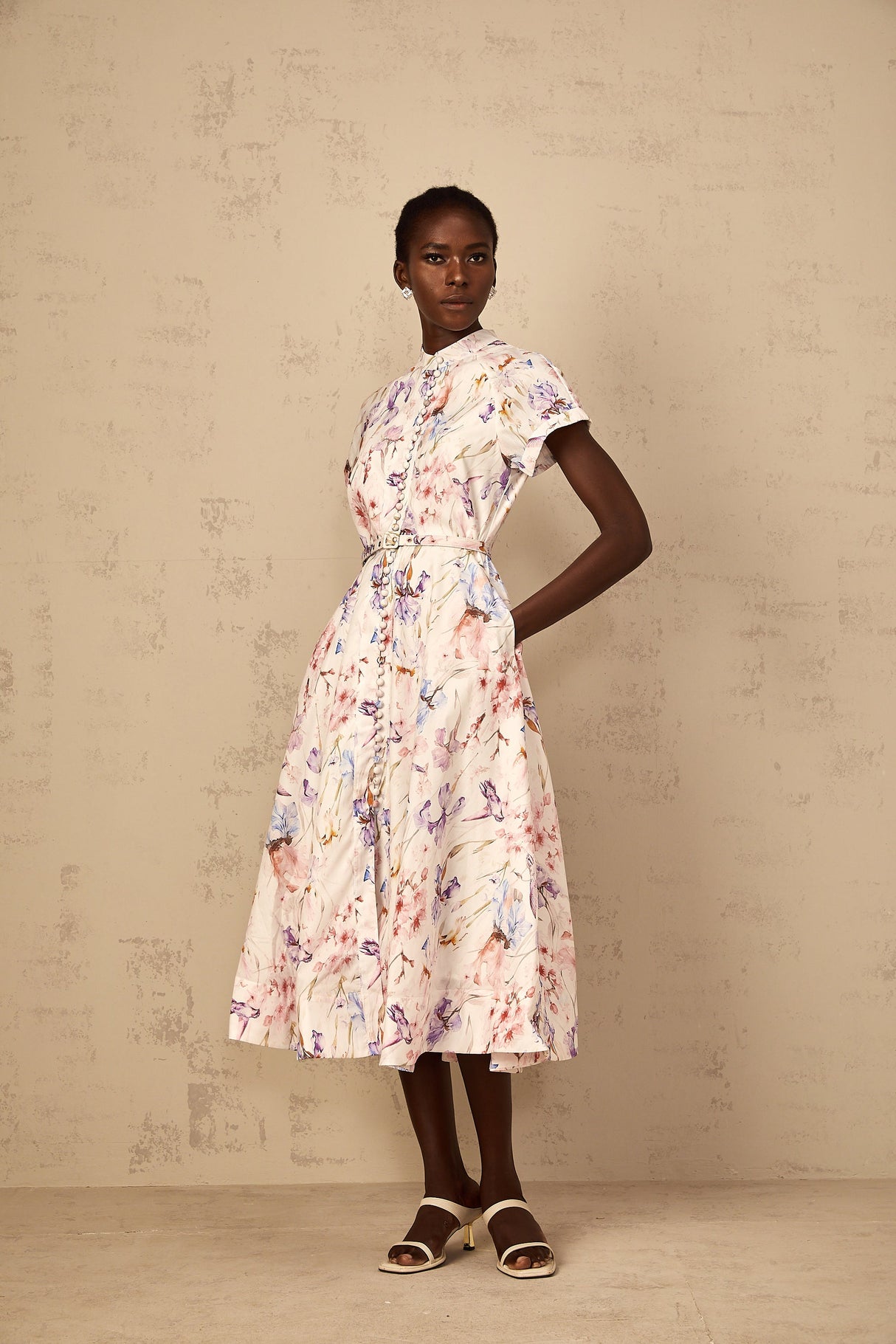Aurohaya Géraldine White Mock-Neck Floral Print Midi Dress