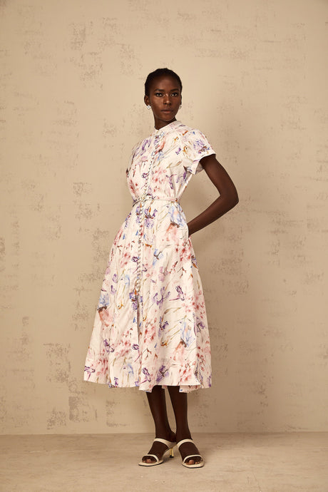 Aurohaya Géraldine White Mock-Neck Floral Print Midi Dress