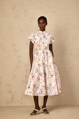 Aurohaya Géraldine White Mock-Neck Floral Print Midi Dress