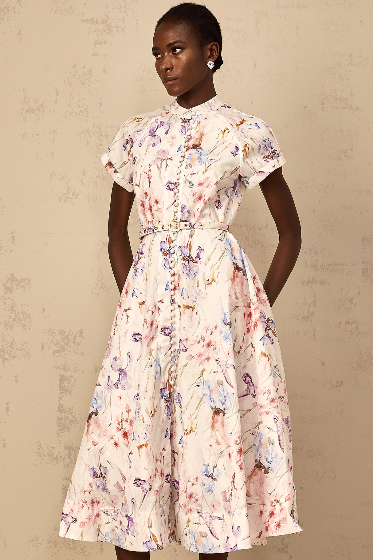 Aurohaya Géraldine White Mock-Neck Floral Print Midi Dress