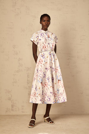 Aurohaya Géraldine White Mock-Neck Floral Print Midi Dress