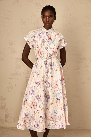 Aurohaya Géraldine White Mock-Neck Floral Print Midi Dress