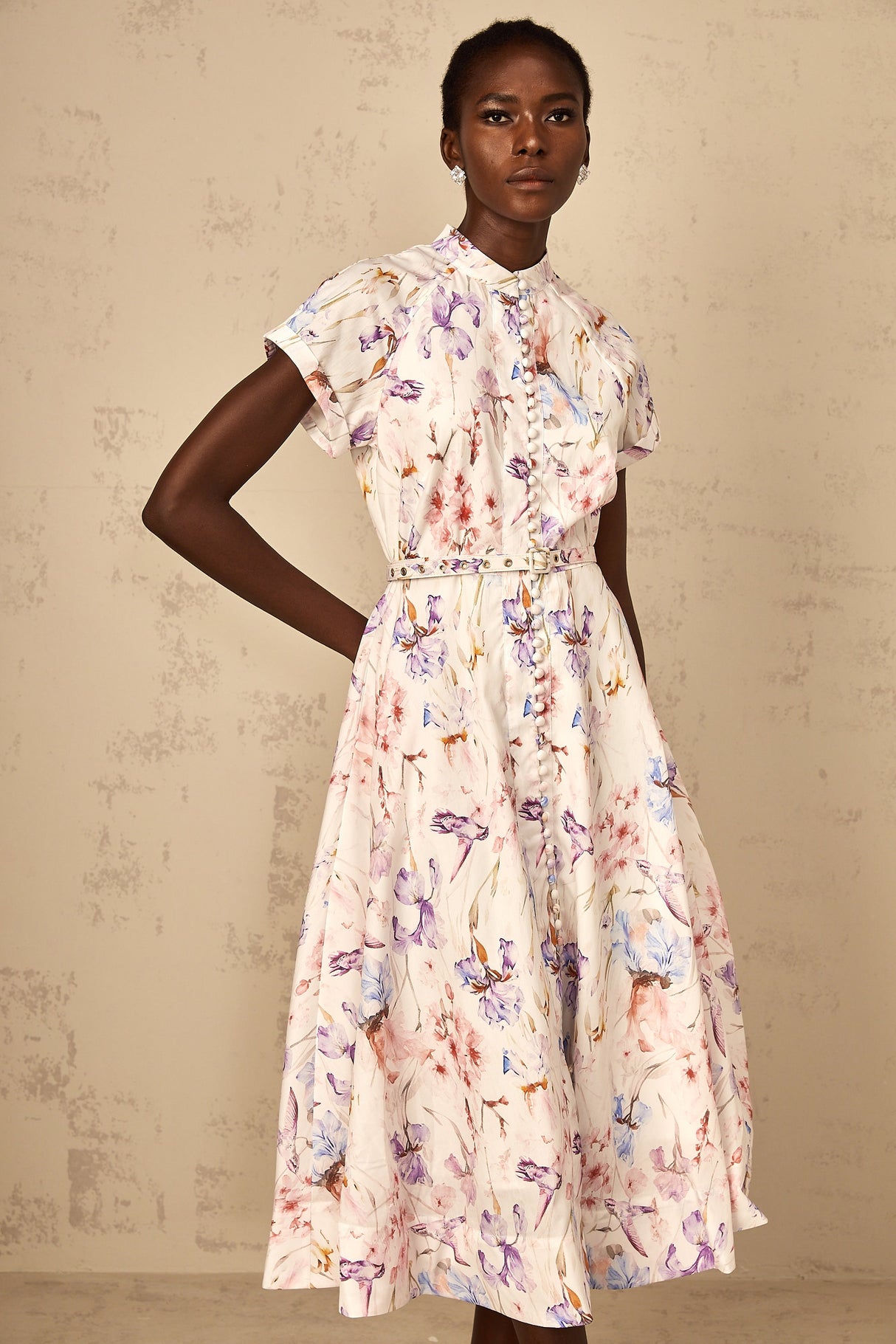 Aurohaya Géraldine White Mock-Neck Floral Print Midi Dress