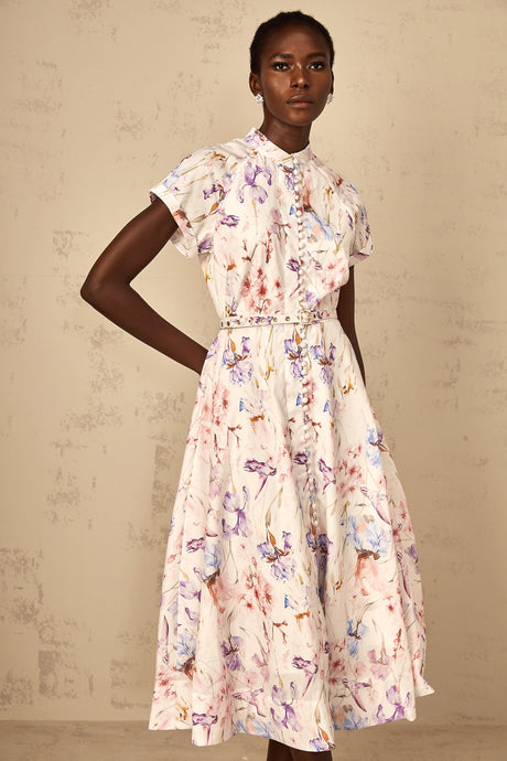 Aurohaya Géraldine White Mock-Neck Floral Print Midi Dress