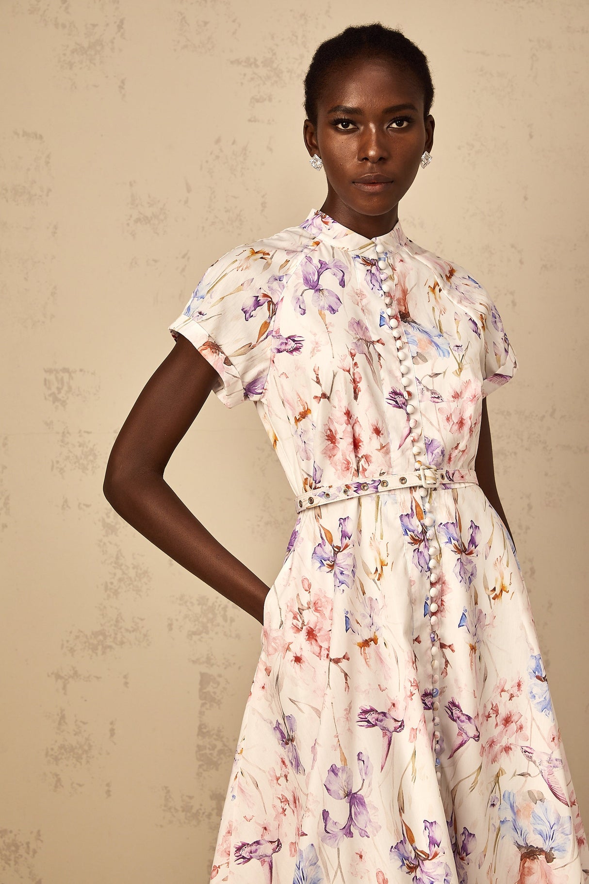 Aurohaya Géraldine White Mock-Neck Floral Print Midi Dress