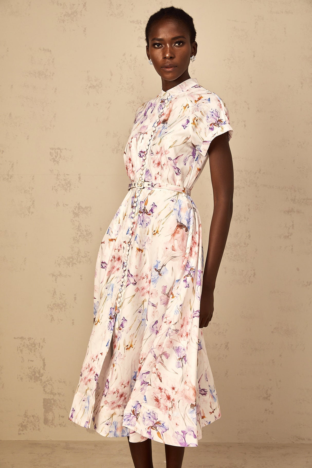 Aurohaya Géraldine White Mock-Neck Floral Print Midi Dress