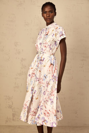 Aurohaya Géraldine White Mock-Neck Floral Print Midi Dress