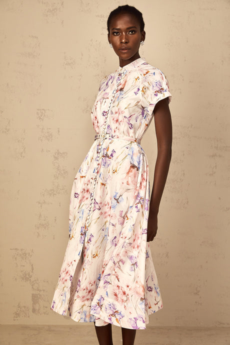 Aurohaya Géraldine White Mock-Neck Floral Print Midi Dress