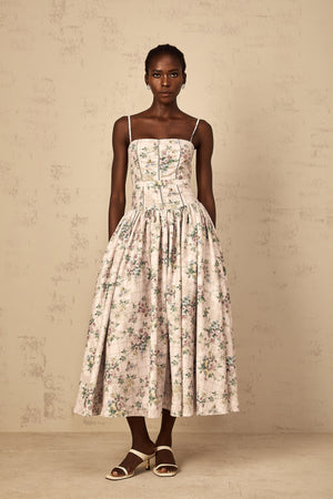 Aurohaya Fleur Neutral Floral Print Midi Dress