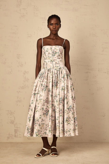 Aurohaya Fleur Neutral Floral Print Midi Dress