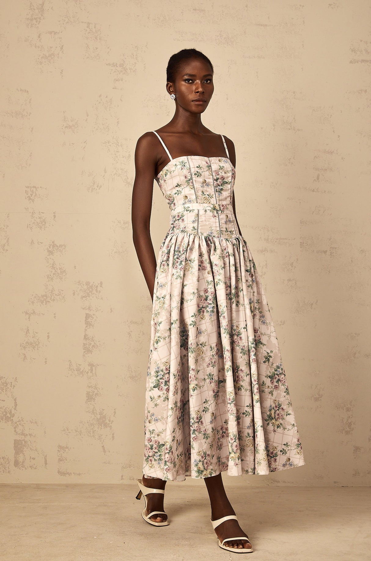 Aurohaya Fleur Neutral Floral Print Midi Dress