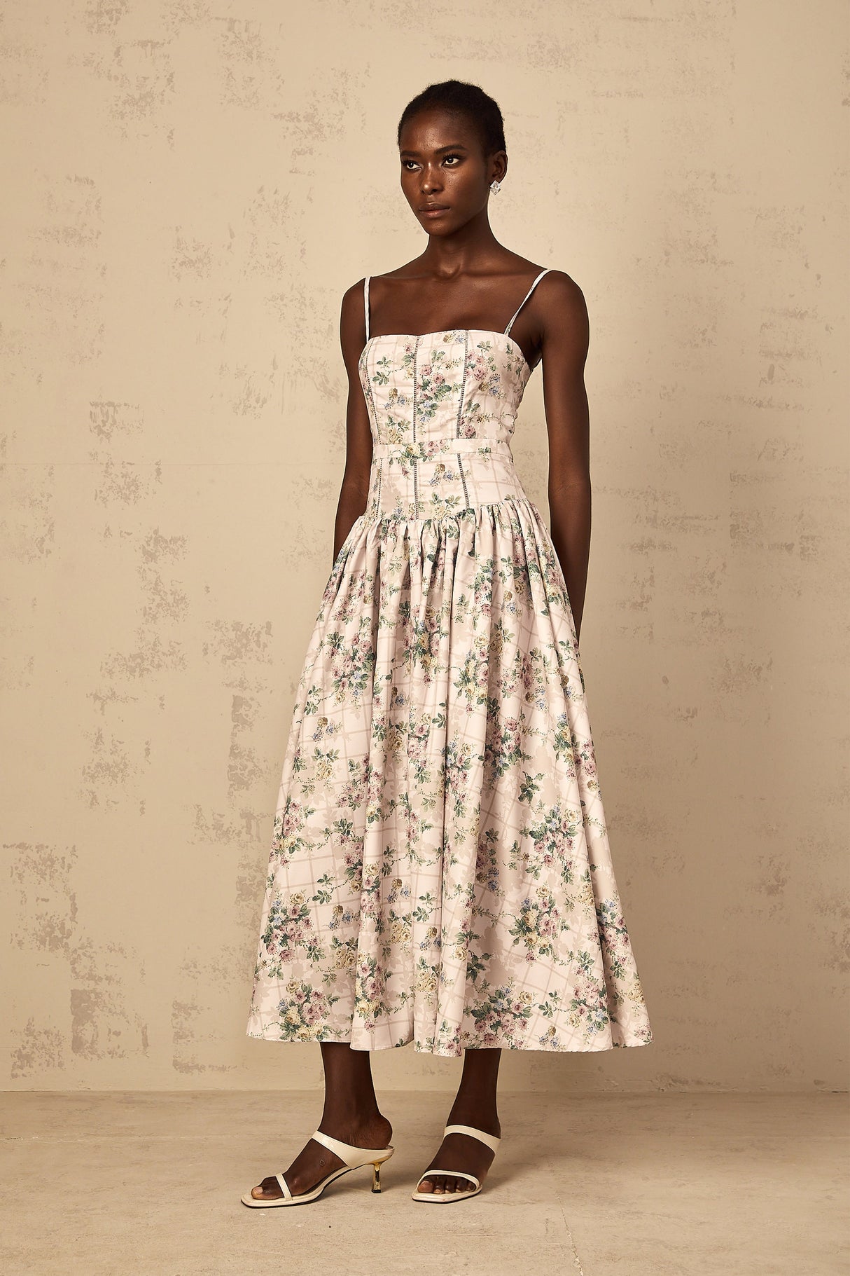 Aurohaya Fleur Neutral Floral Print Midi Dress