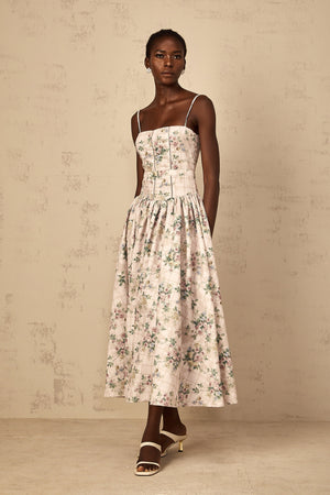 Aurohaya Fleur Neutral Floral Print Midi Dress