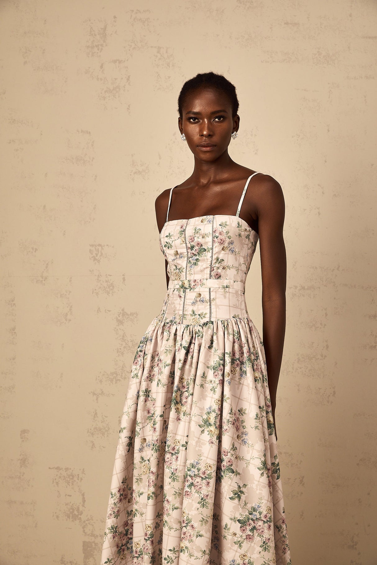 Aurohaya Fleur Neutral Floral Print Midi Dress