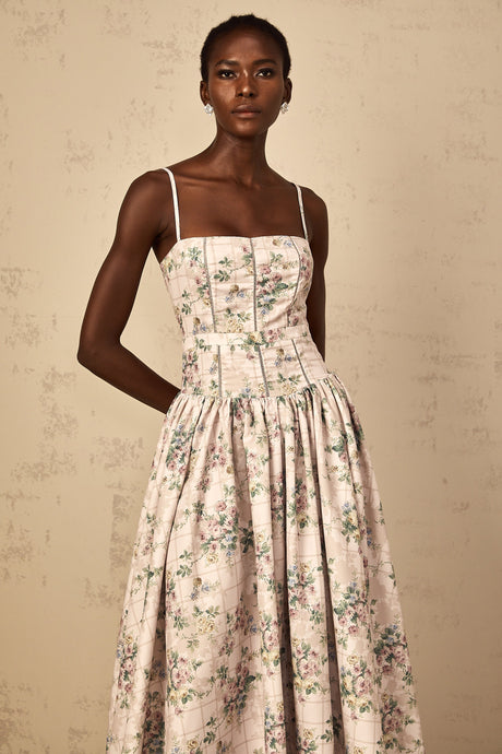 Aurohaya Fleur Neutral Floral Print Midi Dress