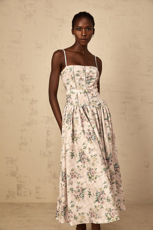 Aurohaya Fleur Neutral Floral Print Midi Dress