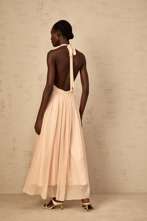 Aurohaya Dulcie Halterneck Shirred Tulle Maxi Dress