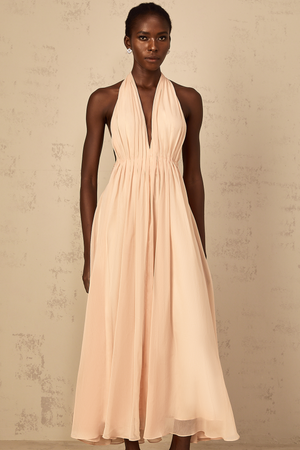 Aurohaya Dulcie Halterneck Shirred Tulle Maxi Dress