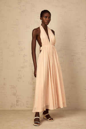 Aurohaya Dulcie Halterneck Shirred Tulle Maxi Dress