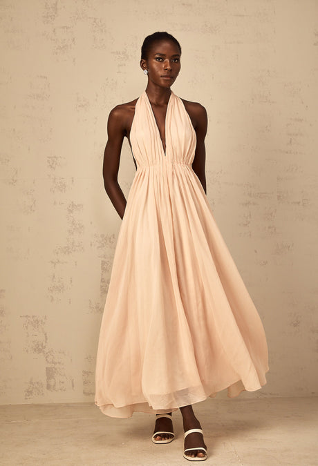 Aurohaya Dulcie Halterneck Shirred Tulle Maxi Dress