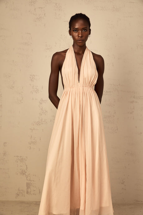 Aurohaya Dulcie Halterneck Shirred Tulle Maxi Dress