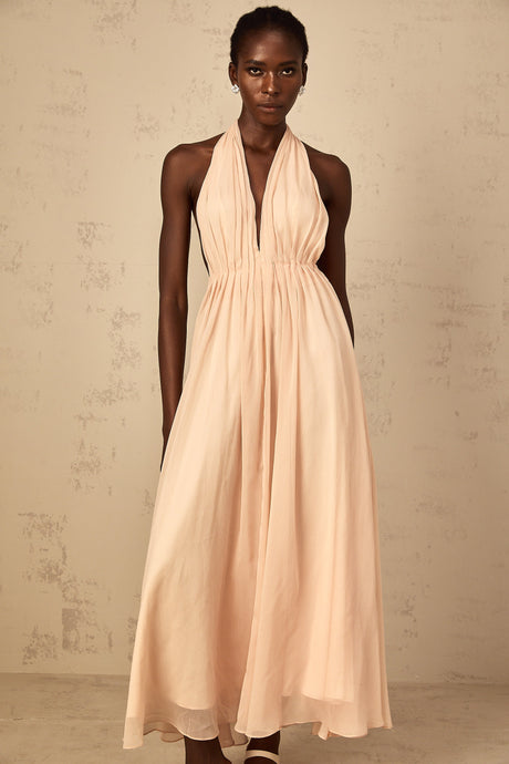 Aurohaya Dulcie Halterneck Shirred Tulle Maxi Dress
