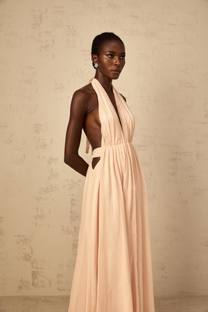 Aurohaya Dulcie Halterneck Shirred Tulle Maxi Dress